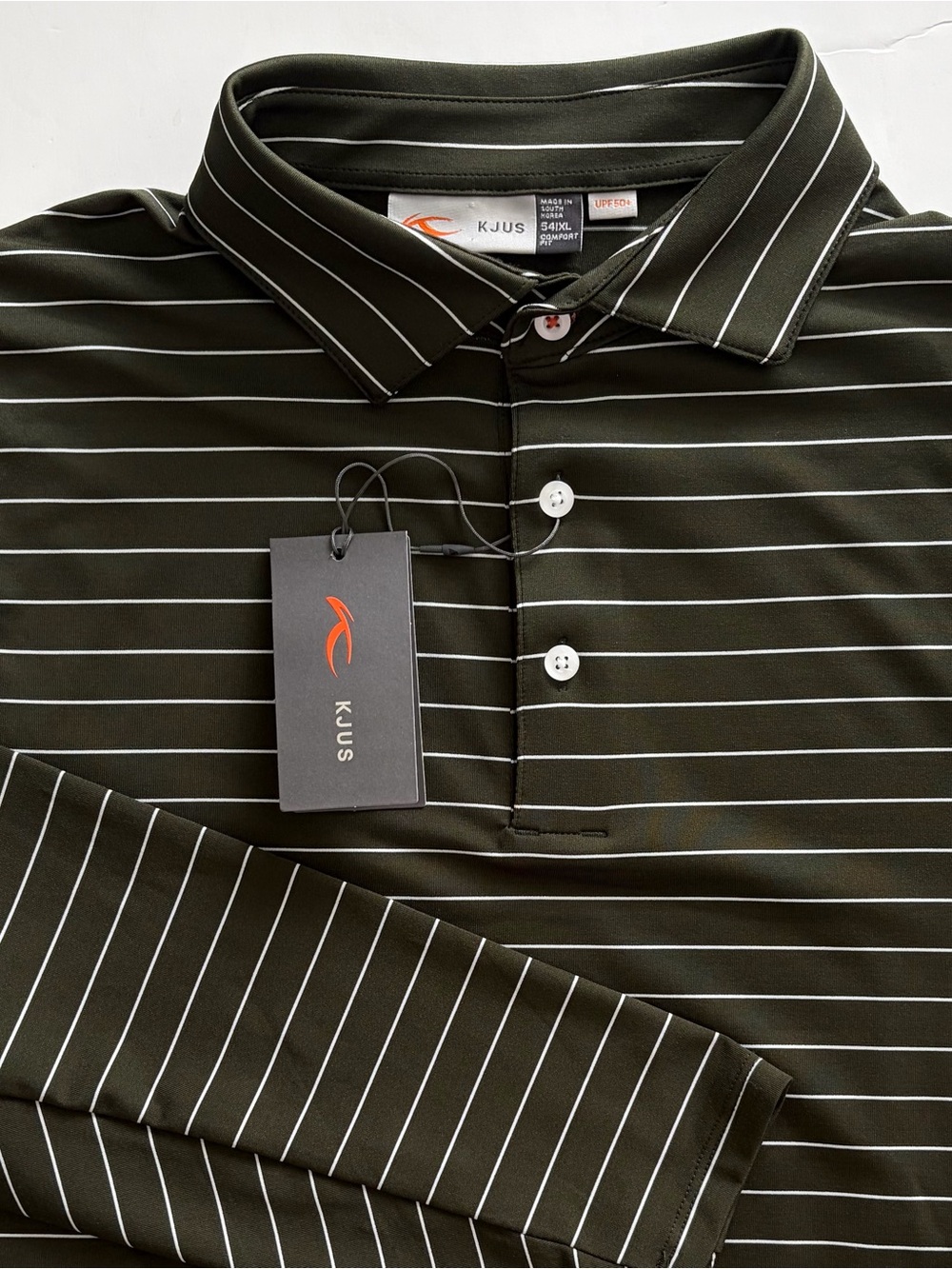 KJUS Soren Mel Stripe Polo Mens 54 Large Olive & White Long Sleeve MG60-L17 NWT